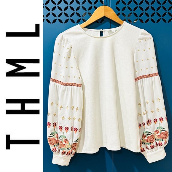 THML Tops - {THML} White Knit Top with Embroidered Puff Sleeves Boho Peasant Hippie
